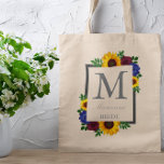 Solros Ro Blommigt Bröllop Tygkasse<br><div class="desc">Utformningen har solblommor,  ro och vilda blommor av elegant med en gyllene gult-,  burgundy- och blå färg-palett. Utformningen har även ett kol-grått-ram. Du kan ändra bakgrunden färg till färg efter eget val eller lämna den vit.</div>