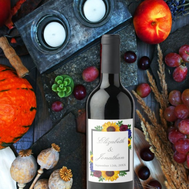 Solros Ro Blommigt Bröllop Vinflaska Etikett (Skapare uppladdad)