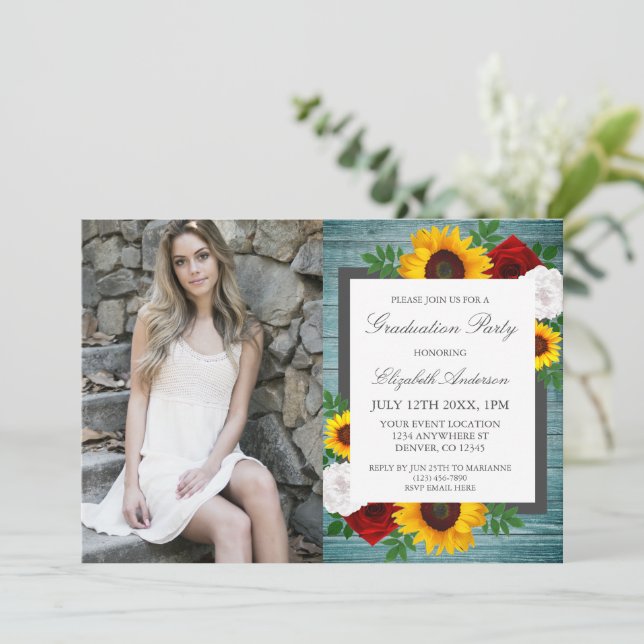 Solros Ro Blommigt Studentfest Inbjudningar (Stående Fram)