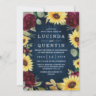 Solros Ro Burgundy Red and Navy Blue Bröllop Inbjudningar