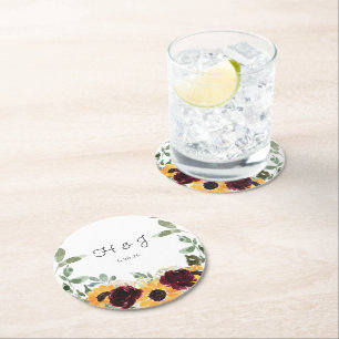 Solros Ro Eucalyptus Monogram Bröllop Underlägg Papper Rund