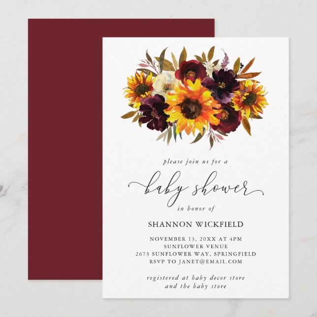 Solros Ro Red Lila Rustic Fall Baby Shower Inbjudningar (Fram/baksida)