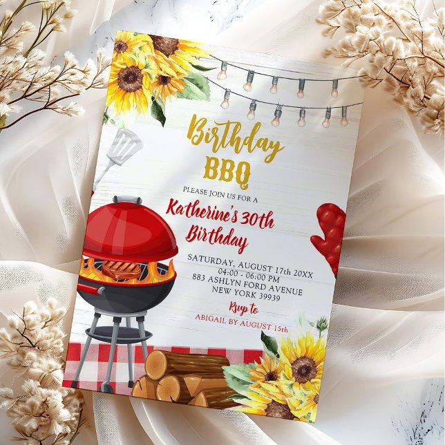 Solros Röd Gingham Bakgård Bbq Födelsedag Inbjudningar (Skapare uppladdad)