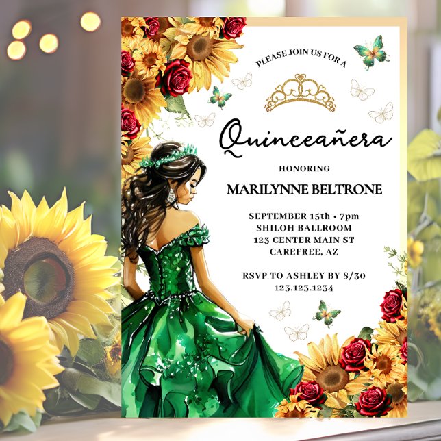 Solros Röd ros Grönt Princess Quinceañera Inbjudningar (Skapare uppladdad)