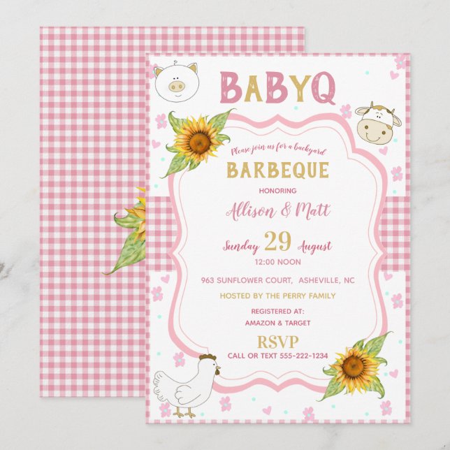 Solros Rosa Rutigt Baby Q Grill Inbjudan (Fram/baksida)