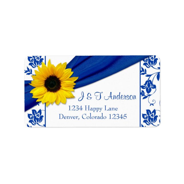 Solros Royalblå Damask Bröllops Returadress Adressetikett (Framsidan)