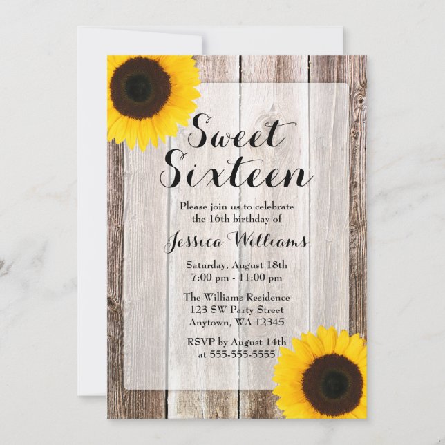 Solros Rustic Barn Wood Sweet 16 Inbjudningar (Framsida)