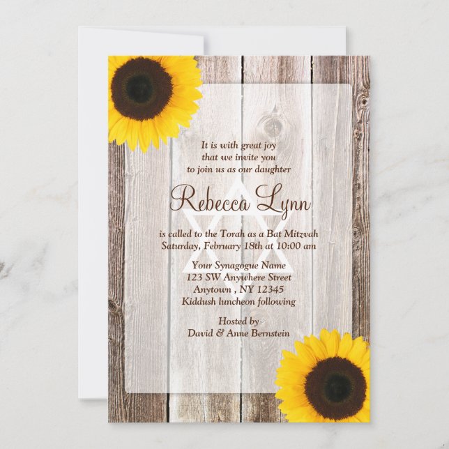 Solros Rustic Barn Wood Western Bat mitzvah Inbjudningar (Framsida)