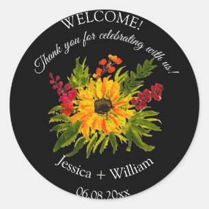 Solros Rustic Blommigt Watercolor Black Bröllop Runt Klistermärke