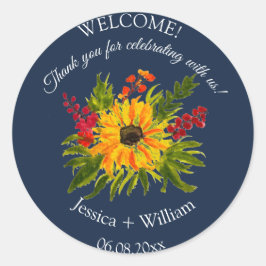 Solros Rustic Blommigt Watercolor Navy Bröllop Runt Klistermärke