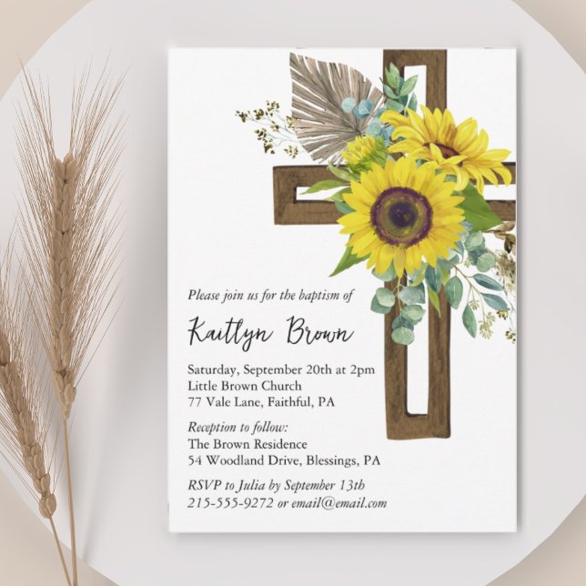 Solros Rustic Boho Wooden Kor Baptism Inbjudningar (Skapare uppladdad)