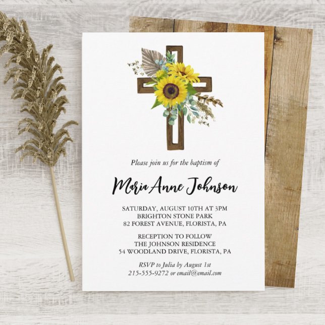 Solros Rustic Boho Wooden Kor Baptism Inbjudningar (Skapare uppladdad)