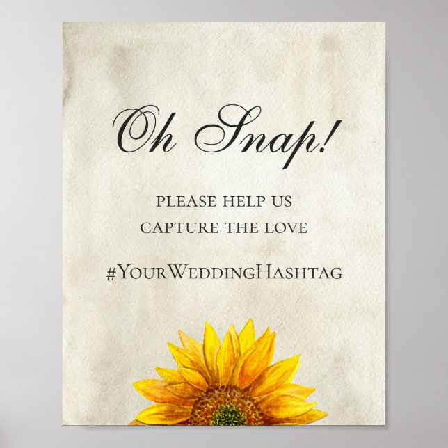 Solros. Rustic bröllop instagram-tecken. Hashtag Poster (Framsidan)