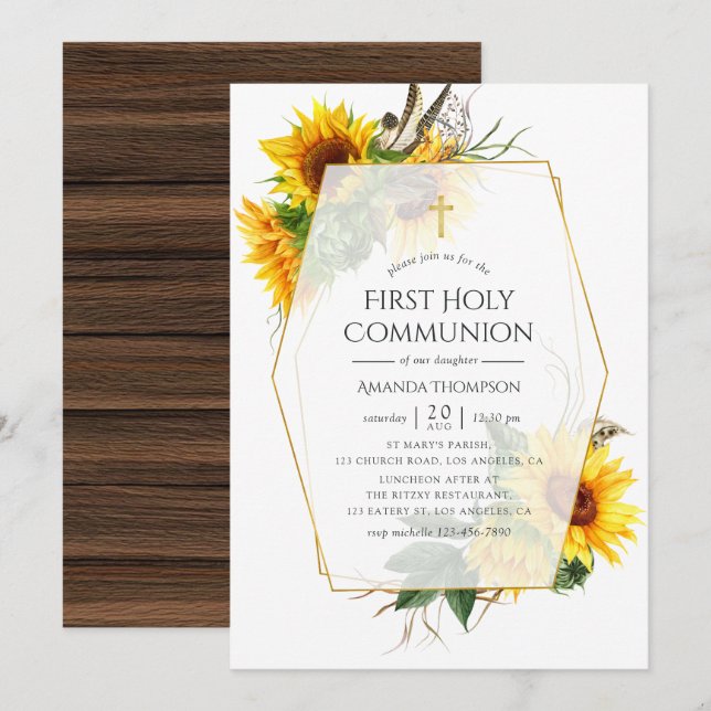 Solros Rustic Geometric First Communion Inbjudningar (Fram/baksida)