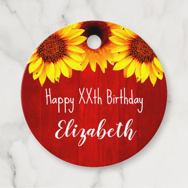 Solros Rustic Wood Birthday Gåvor Etiketter (Framsida)