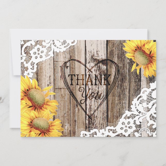 Solros Rustic Wood Snöre och Heart Tack Kort (Framsida)