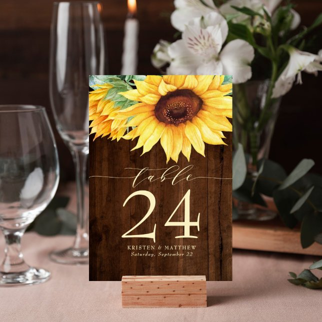 Solros Rustic Wood Watercolor Bröllop Bordsnummer (Rustic wood sunflower watercolor design table number card is perfect for your wedding reception.)