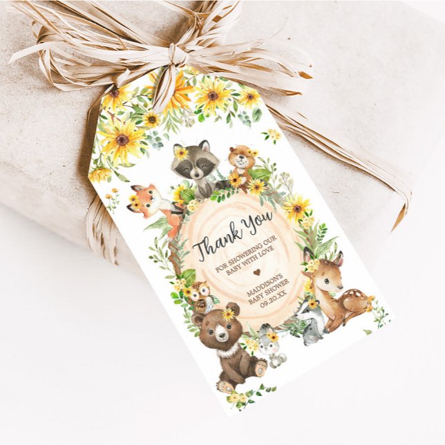 Solros Skogs Djur Baby Shower Favor Etiketter (Sunflower Woodland Animals Floral Baby Shower Favor Tags)