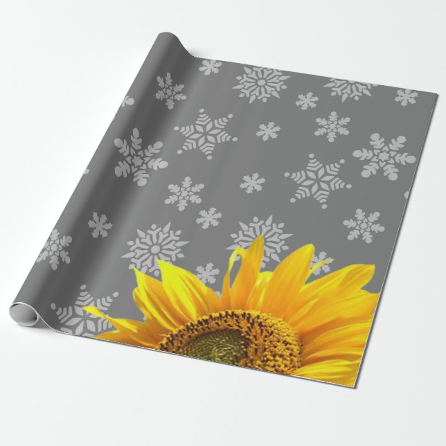 Solros Snöflingor Grått Matte Wrapping Papper Presentpapper (Utrullad)