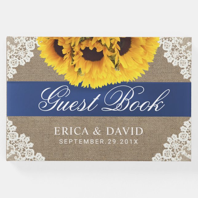 Solros Snöre och Burlap Blue Ribbon Rustic Bröllop Gästböcker (Framsida)