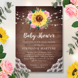 Solros Snöre Rosa Blommigt Rustic Baby Shower Inbjudningar