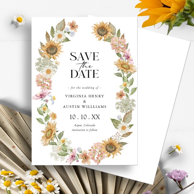 Solros Spara Datum Kort (Watercolor Wildflower Sunflower Wreath Floral Save the Date Card by Painted Paperie
)