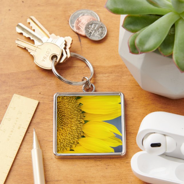 Solros stäng foto fyrkantig silverfärgad nyckelring (Skrivbord)