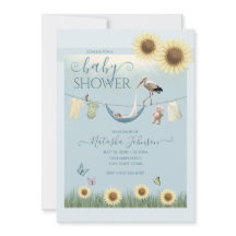 Solros Stork Babypojke Dopkort Invitation