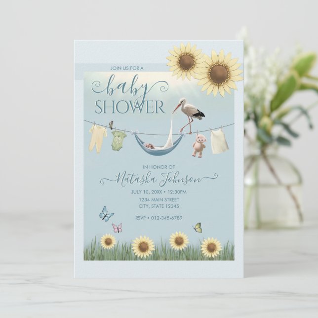 Solros Stork Babypojke Dopkort Invitation Inbjudningar (Stående Fram)