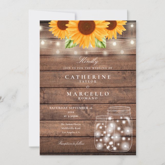 Solros String Ljus Mason Burk Rustic Bröllop Inbjudningar (Framsida)
