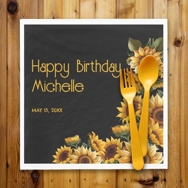 Solros Svart Rustik Elegant Lycka Till Födelsedage Pappersservett (Sunflowers on black birthday party paper napkins)