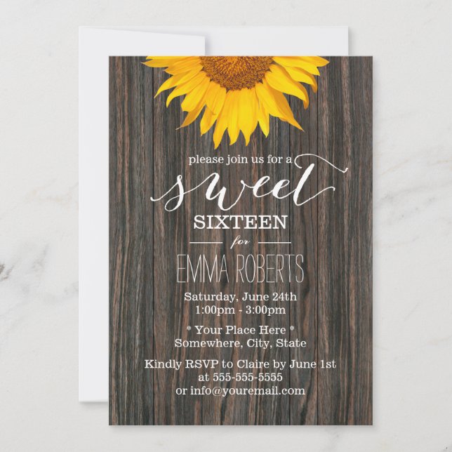 Solros Sweet sixteen Rustic Wood Inbjudningar (Framsida)