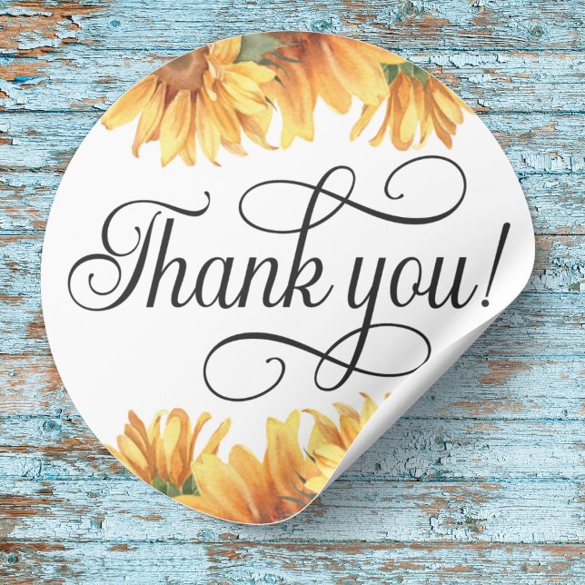 Solros Tack! Klistermärke (Sunflower Thank you sticker
Swirly Thank you! script)