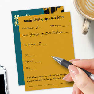 Solros Teal Blå Guld Modern Bröllop OSA Kort