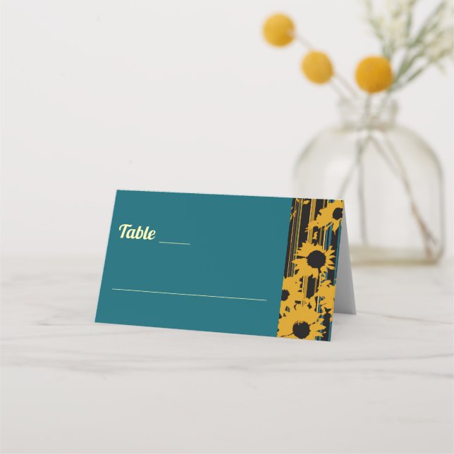 Solros Teal Blå Guld Modern Bröllop Placeringskort (Framsida)