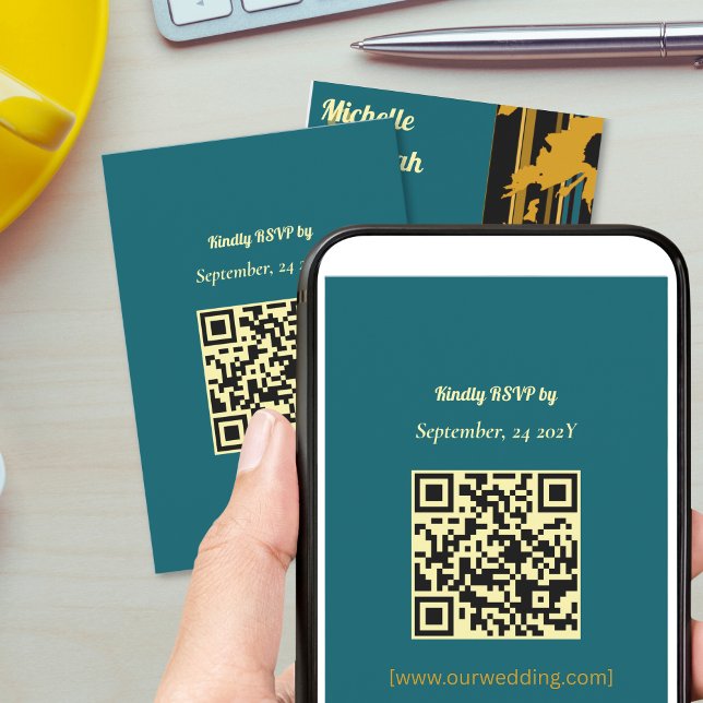 Solros Teal Blå Guld Modern QR-kod Bröllop  OSA Kort (Skapare uppladdad)