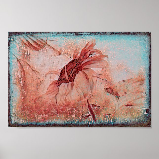 Solros Teal Brown Sepia Vintage Antique Struktur Poster (Framsidan)