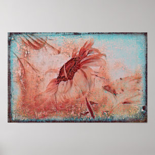 Solros Teal Brown Sepia Vintage Antique Struktur Poster