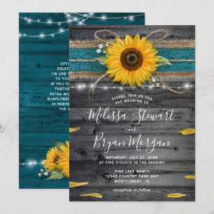 Solros Teal Burlap Snöre Rustic Wood Bröllop Inbjudningar