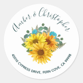 Solros Teal Ro Bröllop Adress kuvertförsegling Runt Klistermärke