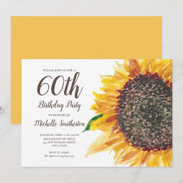 Solros Vattenfärg Blommig Vit 60-årsdag Inbjudningar (Fram/baksida)