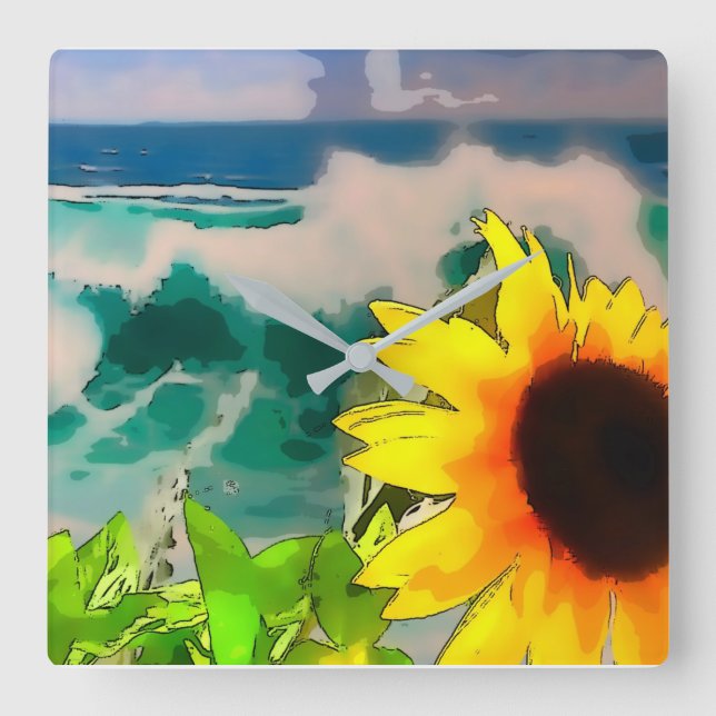 Solros vid Beach Fyrkantig Klocka (Framsida)