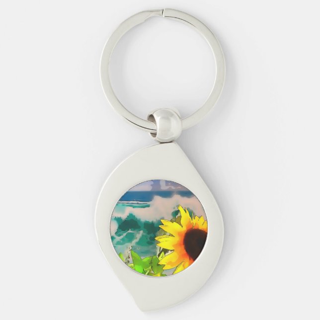 Solros vid Beach Swirl Silverfärgad Nyckelring (Framsidan)