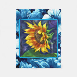 Solros vid Nattblått Gult Grönt Blommor Blommigt Fleecefilt