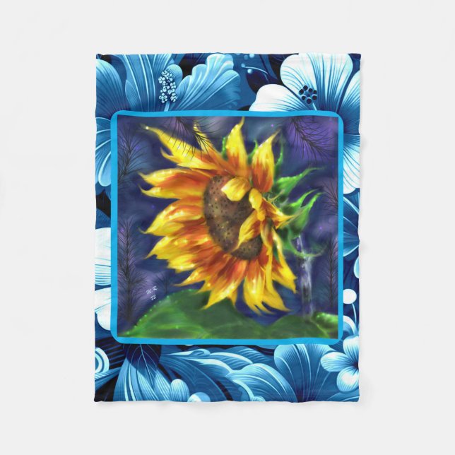 Solros vid Nattblått Gult Grönt Blommor Blommigt Fleecefilt (Framsidan)