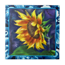 Solros vid Nattblått Gult Grönt Blommor Blommigt Kakelplatta