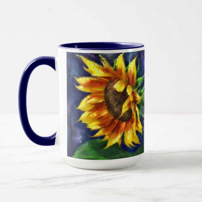 Solros vid Nattens Gult Blue Flower Blommigt Mugg (Vänster)