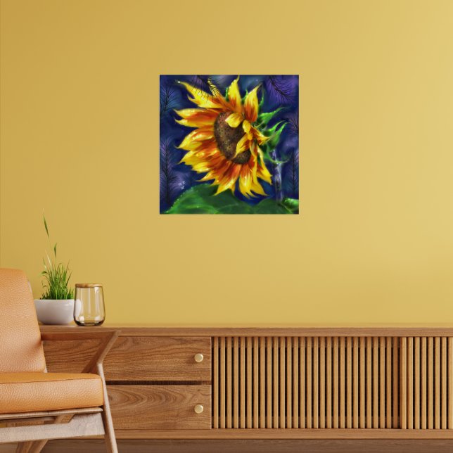 Solros vid Nattens Gult Blue Flower Blommigt Poster (Vardagsrum 2)