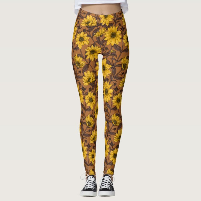 Solros, vild solros i gult och brun leggings (Framsida)