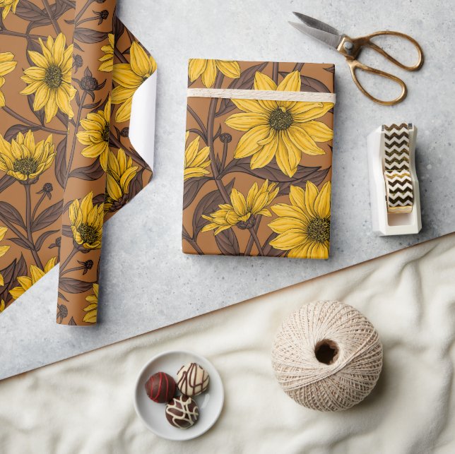 Solros, vild solros i gult och brun presentpapper (Hantverk)